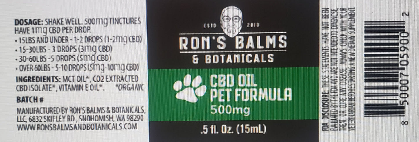 
                  
                    500 mg CBD Oil Pet Formula | Ron's Balms
                  
                